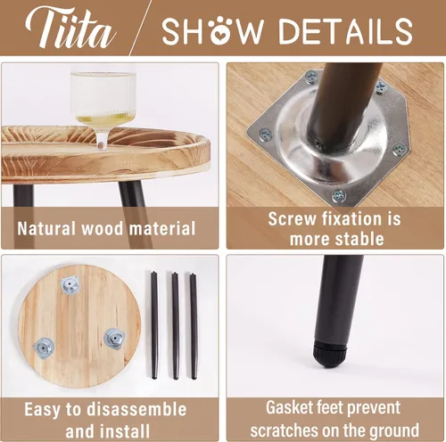 Miniatura 4 de Tiita Mesa auxiliar redonda mental, mesita de noche, mesas pequeñas de madera, mesa de centro con bandeja de madera para sala de estar, dormitorio