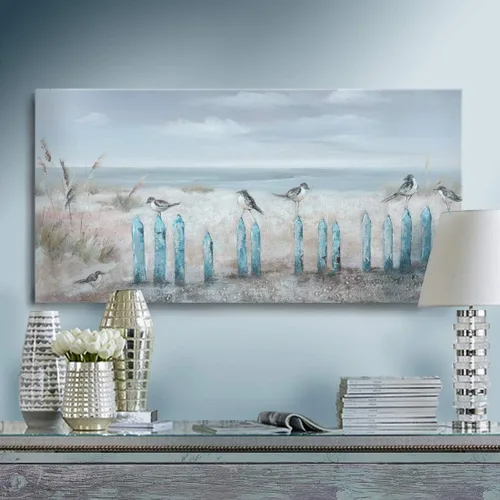 Miniatura 10 de AMATOP Arte de pared turquesa 100% pintado a mano, pintura al óleo de paisaje forestal en lienzo, obra de arte enmarcada original, pájaro dorado