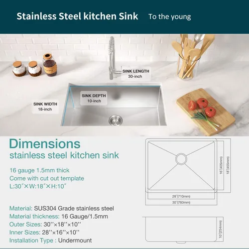 Miniatura 2 de TORVA Fregadero de Montaje Bajo para Cocina de 30 Pulgadas, Fregadero de Barra de Acero Inoxidable Premium 304 - Cuenca de 10 Pulgadas de plateado