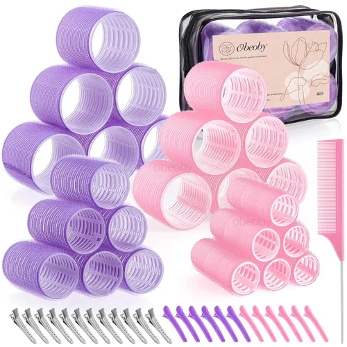 Miniatura 13 de obeoby - Juego de rodillos de autoagarre de 4 tamaños para cabello largo, corto y flequillo - 50 piezas con pinzas