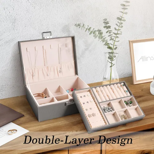 Miniatura 2 de Allinside Joyero organizador para mujeres y adolescentes y niñas, 2 capas de piel sintética con cerradura, forro de terciopelo, elección, gris