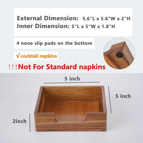 Miniatura 5 de Servilletero de cóctel de acacia para mesa, servilletero de madera, bandeja cuadrada plana para servilletas de bebidas, portaservilletas de cóctel