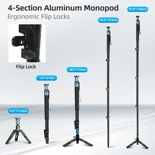 Miniatura 5 de SIRUI AM-404FL Monopod para cámara con pies, monopie de video de aluminio de 74.8 pulgadas con base extraíble, delgado y ligero, carga máxima