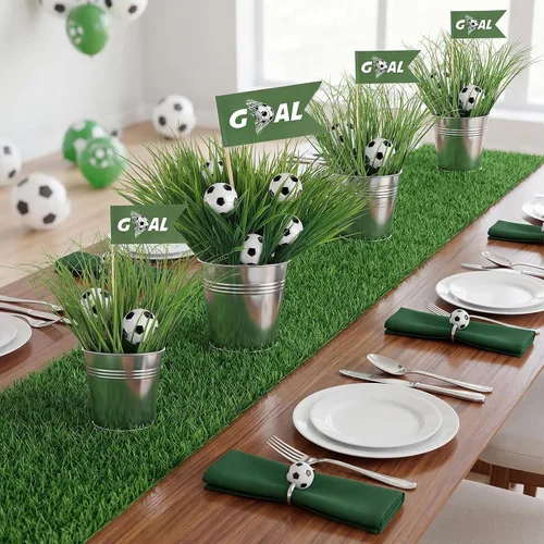 Miniatura 7 de Juego de 8 162 piezas de decoración de mesa de fiesta de fútbol, centros de mesa de fiesta temática deportiva, 8 cubos de metal, 24 mini fútbol, 120
