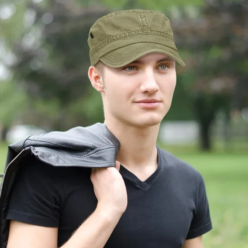Miniatura 16 de Geyoga 3 unidades Cadet Army - Gorras de algodón lavado militar para tapas planas ajustables estilo militar sombrero unisex