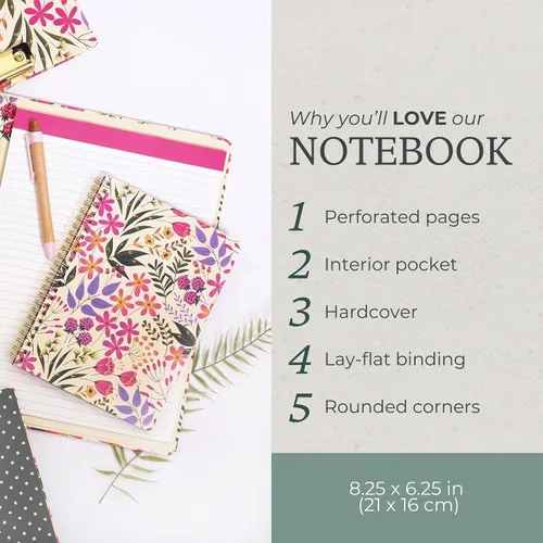 Miniatura 2 de Steel Mill & Co - Cuaderno pequeño en espiral floral rosa/morado, diario de 8.25 x 6.25 pulgadas con tapa dura duradera y 160 páginas forradas