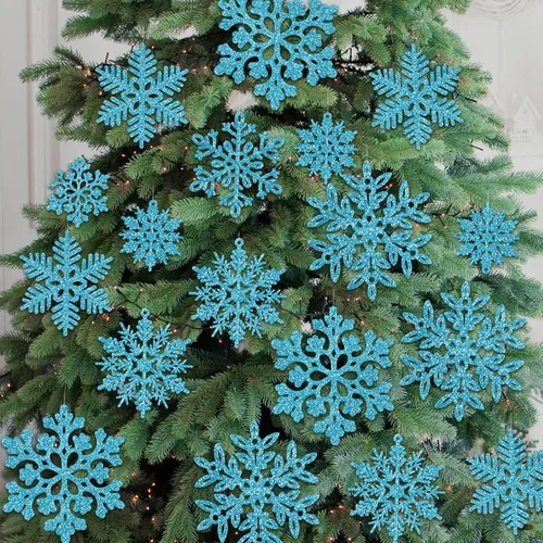49 piezas de adornos de Navidad, decoraciones de copo de nieve en oferta - Adornos de Navidad azules con purpurina, copos de nieve colgantes para