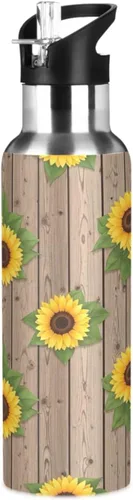 Sunflowers Rustic Wooden Insulated Water Bottle 20 Oz Leakproof Water Bottles, BPA-Free Sports Water Bottle with Straw