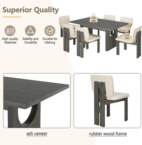 Miniatura 4 de Merax Juego de comedor retro de 7 piezas para 6, mesa rectangular de madera de goma con base de caballete diseñada y 6 sillas tapizadas para comedor