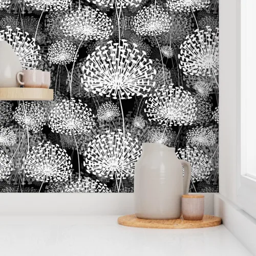 Miniatura 8 de Spoonflower Papel tapiz para despegar y pegar, diseño de dientes de león blanco y negro, flores de estilo vintage, floral, naturaleza, papel tapiz