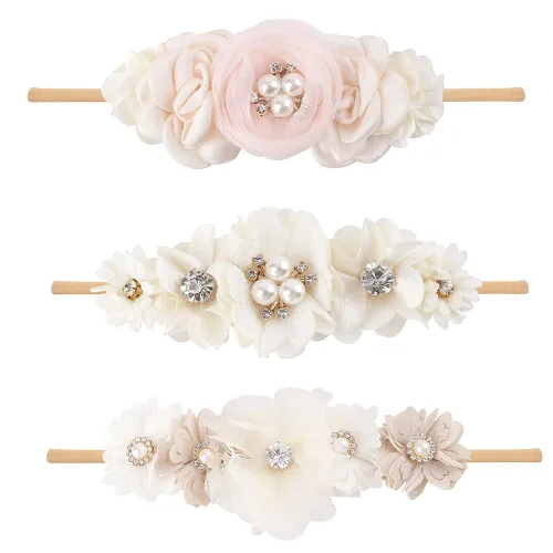 Miniatura 11 de Diademas de niña de nylon con flores elásticas, 3 piezas, accesorios para el pelo, regalo para recién nacidos, bebés y niños pequeños (TU-HDJ-3PCS)