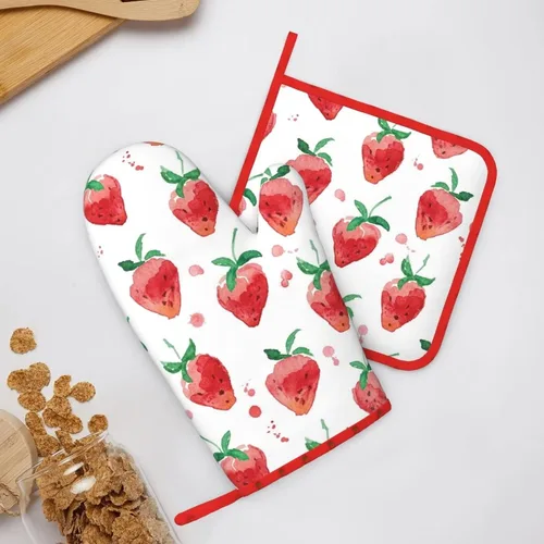 Miniatura 2 de Manoplas de horno de fresa, juegos de soportes para ollas de fresa, almohadillas calientes resistentes a la cocina con guantes de barbacoa