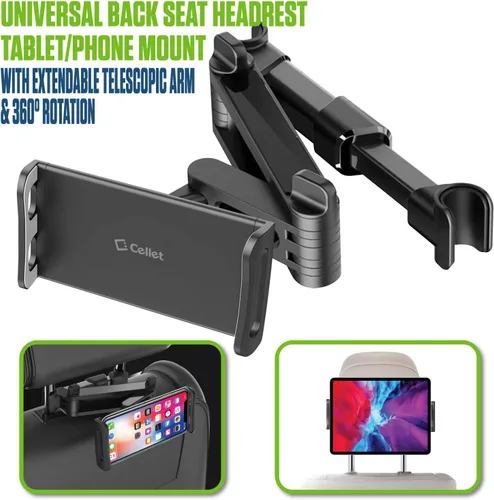 Miniatura 2 de Cellet Soporte universal para reposacabezas de coche para tabletas y teléfonos, soporte giratorio de 360° para tableta con brazo extensible, Negro