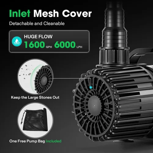 Miniatura 2 de VIVOSUN - Bomba de agua sumergible de 1600 GPH con bolsa de barrera, bomba de estanque de 100 W, bomba de acuario ultra silenciosa con altura