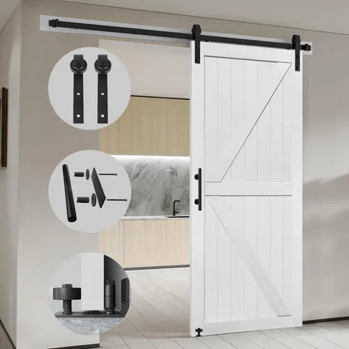 Miniatura 4 de S&Z TOPHAND® Puerta de granero doble de MDF de 18 x 84 pulgadas con kit de herrajes para puerta corredera de 6 pies, tablero sólido de puerta