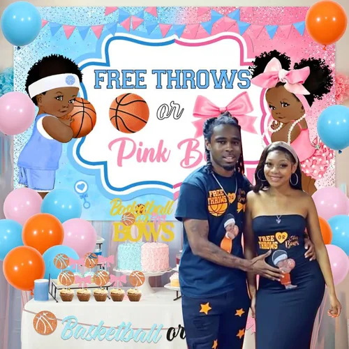 Miniatura 4 de Decoraciones de baloncesto o moños para revelación de género – telón de fondo de mantas gratis o lazos rosados, pancarta, decoración de pastel