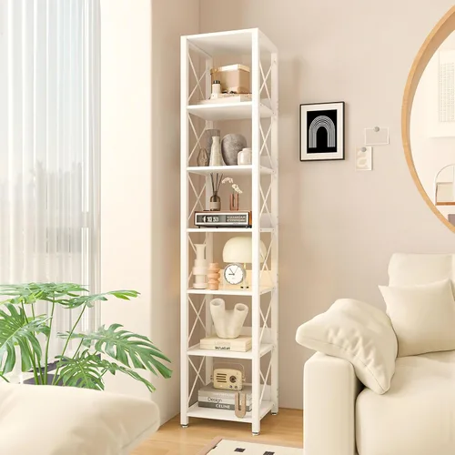 Miniatura 10 de IBUYKE Estantería estrecha de 6 niveles con puertas, gabinete de almacenamiento en cubo, CD y DVD, estante delgado de torre multimedia, gabinete