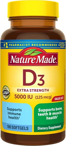 Nature Made Vitamina D3 5000 UI (125 mcg), suplemento de vitamina D extra fuerte para apoyo a la salud ósea e inmunológica, 180 unidades, suministro