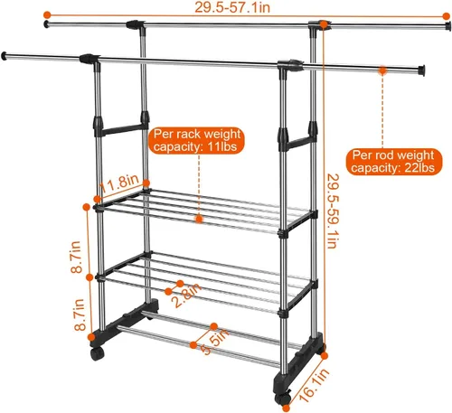 Miniatura 5 de Perchero de doble barra para colgar ropa, estante portátil para armario de carga máxima de 77 libras, perchero de metal resistente para dormitorio