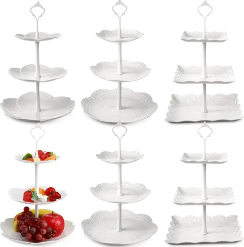 Miniatura 9 de Sawysine Paquete de 6 bandejas para servir de 3 niveles, torre de servicio de 3 niveles, soporte de postre a granel, bandeja de plástico grueso