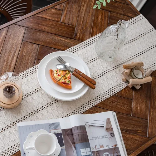 Miniatura 2 de Camino de mesa de macramé, color beige crema, bohemio, con borlas, camino de mesa de algodón tejido a mano, camino de mesa rústico para cocina