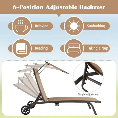 Miniatura 6 de Tangkula Tumbona para patio, reclinable al aire libre con ruedas, toldo ajustable y portavasos, respaldo de 6 niveles, tumbona reclinable de metal