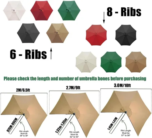 Miniatura 4 de Toldo de repuesto para sombrilla de patio para 6 varillas / 8 varillas de 6.5 pies/9 pies/10 pies, fundas de repuesto para sombrilla de mesa