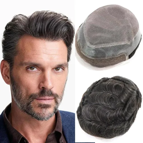 Miniatura 18 de HAPPY&CC Toupee - Piezas de cabello humano con encaje frontal suizo para hombre, parte superior fina mono con poliuretano alrededor de sistema de #1B