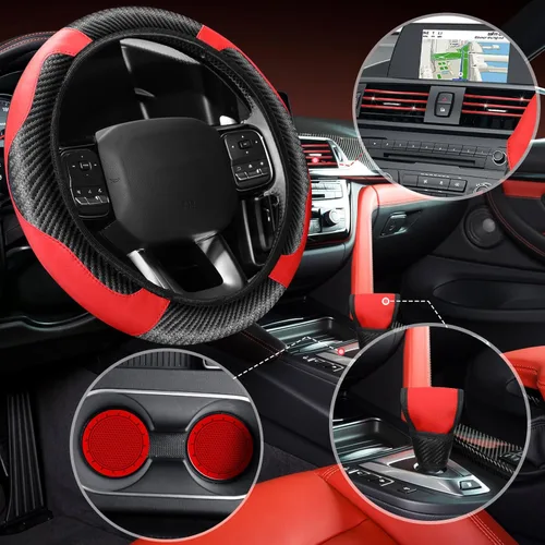Miniatura 6 de Riakrum 30 piezas de set de accesorios para automóvil rojo y negro, cubierta de volante de cuero PU, accesorios para interior de auto, regalo, tiras
