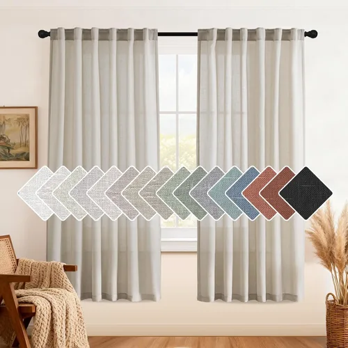 Miniatura 22 de H.VERSAILTEX Cortinas de lino natural de 63 pulgadas de largo para sala de estar, 2 paneles con trabillas traseras y bolsillo, texturizadas