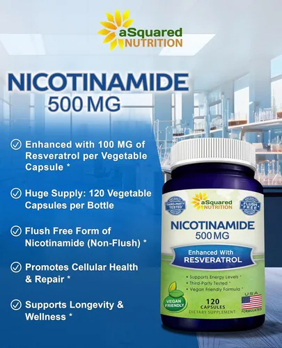 Miniatura 2 de aSquared Nutrition Nicotinamida con resveratrol – 120 cápsulas vegetales – Vitamina B3 500 mg (sin descarga de niacinamida) – Suplemento píldoras