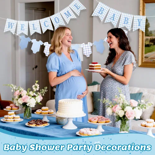 Miniatura 4 de Cartel de baby shower para bebé, 2 piezas preencordadas de tela de bienvenida a cuadros azules para bebé y cuerpo, para decoración de fiesta de baby