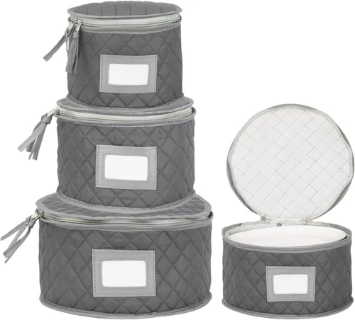 Almacenamiento de porcelana fina - Juego de 4 fundas acolchadas para almacenamiento de vajilla. Tamaños: 12" - 10" - 8" y 7" de ancho - Gris - 48