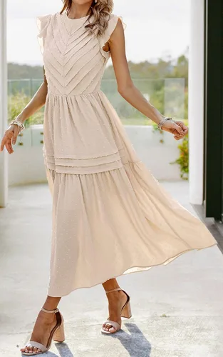 Miniatura 7 de Angashion Vestido largo de verano para mujer, casual, cuello redondo, manga casquillo, lunares suizos, plisado, liso, largo, vestido skater