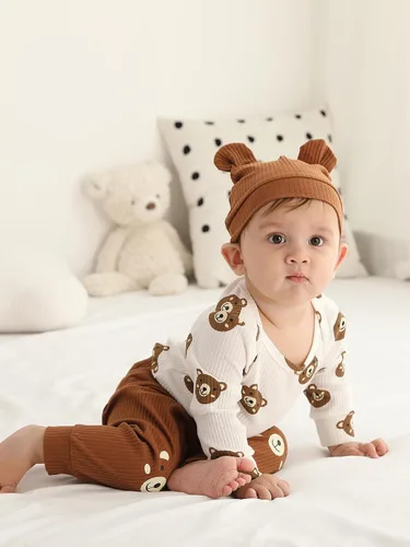 Miniatura 116 de Conjunto de 3 piezas de ropa de bebé recién nacido con estampado de manga larga + pantalones + sombrero