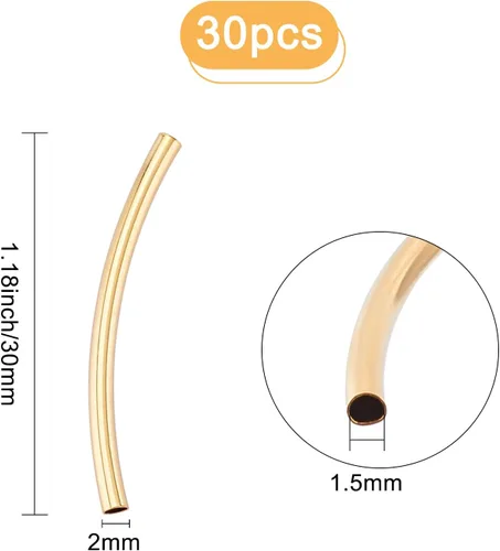Miniatura 2 de CREATCABIN 1 caja de 30 cuentas de tubo curvadas de oro de latón elegante cuentas de fideos chapados en oro real de 24 quilates, conectores