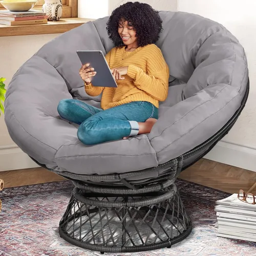 Miniatura 9 de KROFEM Silla Papasan Gigante de Ratán Ergonómica Extragrande de 46" con Cojín Suave y Grueso para Adultos, Giro Fluido de 360°, Resistente al Agua