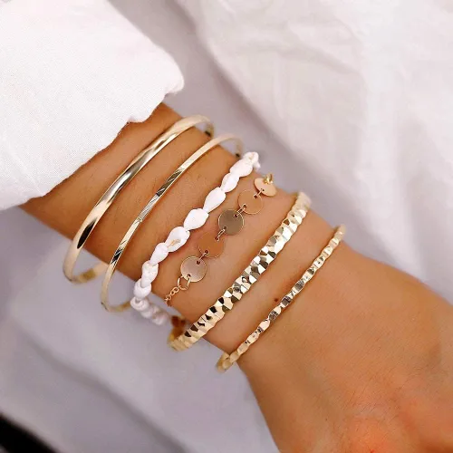 Miniatura 3 de Cocazyw 19 pulseras de varias capas apilables de oro rosa para mujer, pulseras ajustables para niñas, conjunto de regalos