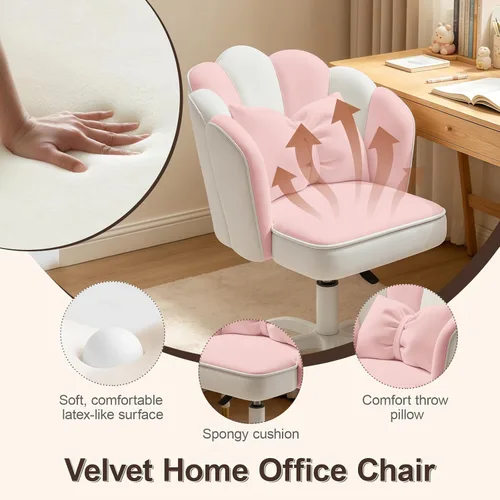 Miniatura 6 de Silla de escritorio Petal con cojín de lazo, silla de tocador de terciopelo con ruedas, silla de oficina tapizada para niñas y mujeres, sillas