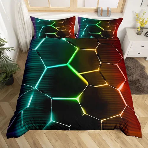 Miniatura 7 de Feelyou Juego de funda de edredón de panal de abeja, color verde y amarillo, juego de ropa de cama hexagonal para niños y niñas, funda de edredón