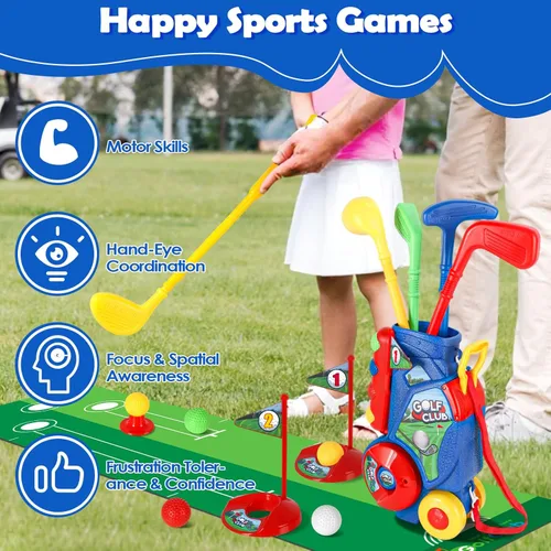 Miniatura 3 de SUPER JOY Juego de Golf para Niños Pequeños con Alfombra, Carrito de Golf para Niños con 4 Palos y 8 Pelotas, Juguetes de Golf