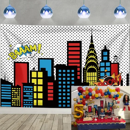 Miniatura 8 de Telón de fondo de superciudad de superhéroe, edificio de ciudad, tema de superhombres, fotografía para niños, recién nacido, baby shower, niño