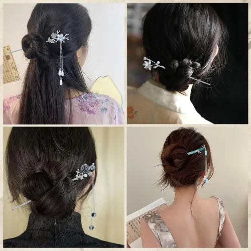 Miniatura 6 de inSowni 8 Piezas Palillos de Cabello Retro Vintage Asiáticos Chinos Tradicionales Hanfu de Metal Plateado con Colgantes de Cuentas de Perlas Flor