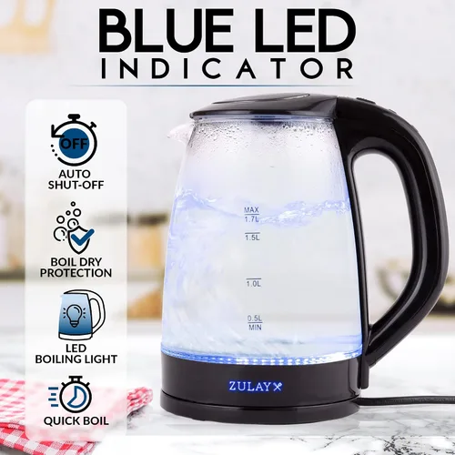 Miniatura 2 de Zulay - Hervidor eléctrico de vidrio de 1,7 L con luz LED azul, hervidor de agua caliente de vidrio de borosilicato, caldera de agua eléctrica