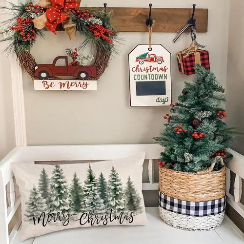 Miniatura 2 de Fundas de almohada de árboles de Navidad de 12 x 20 pulgadas, funda de almohada lumbar verde para decoración de Navidad, acuarela, funda de almohada