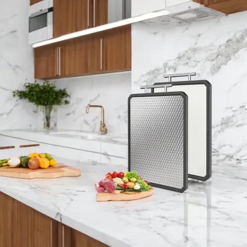 Miniatura 5 de Tabla de cortar de doble cara de acero inoxidable, tabla de cortar grande no tóxica con pajita de trigo para cocina, resistente a los arañazos, apta