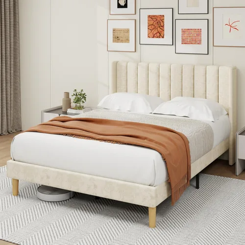 Miniatura 6 de alazyhome - Marco de cama tapizado de plataforma tamaño Queen con cabecera, soporte de listones de madera, sin ruido, fácil montaje, terciopelo beige