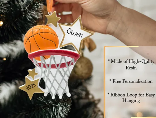 Miniatura 3 de Adorno de Navidad personalizado de baloncesto 2026 Bola B con estrellas doradas y aro de canasta para árbol de Navidad Recuerdo único