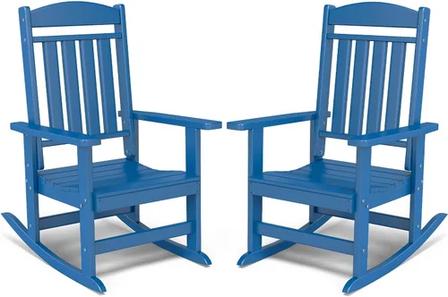 Miniatura 19 de FOOWIN Juego de sillas mecedoras de patio de 2 piezas, mecedora de porche con respaldo alto de HDPE, mecedora de porche de madera de polietileno
