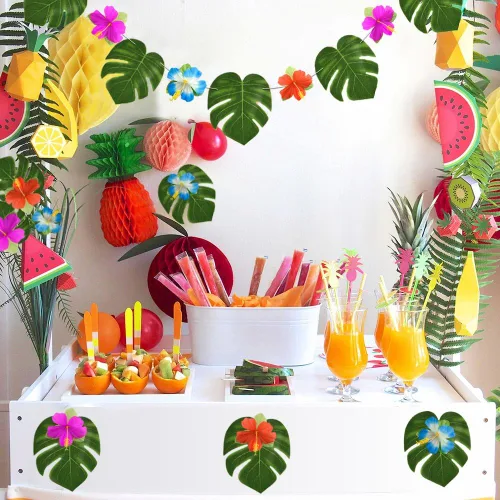 Miniatura 5 de KUUQA 60 piezas de suministros de decoración de fiesta tropical de 8 pulgadas, hojas y flores de hibisco Palmtera, hoja de simulación para fiesta